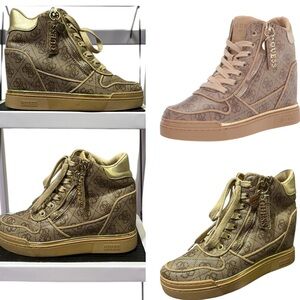 Guess Fiora Wedge Sneaker Lace and Zip Up Brown Cream Gold Shoes Womens 5 M